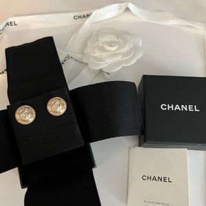 Chanel Gold Stud Earrings with Crystal CC logo
